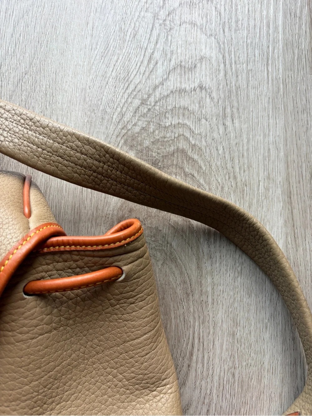 Dooney & Bourke Beige Leather Drawstring Backpack with Tan Trim